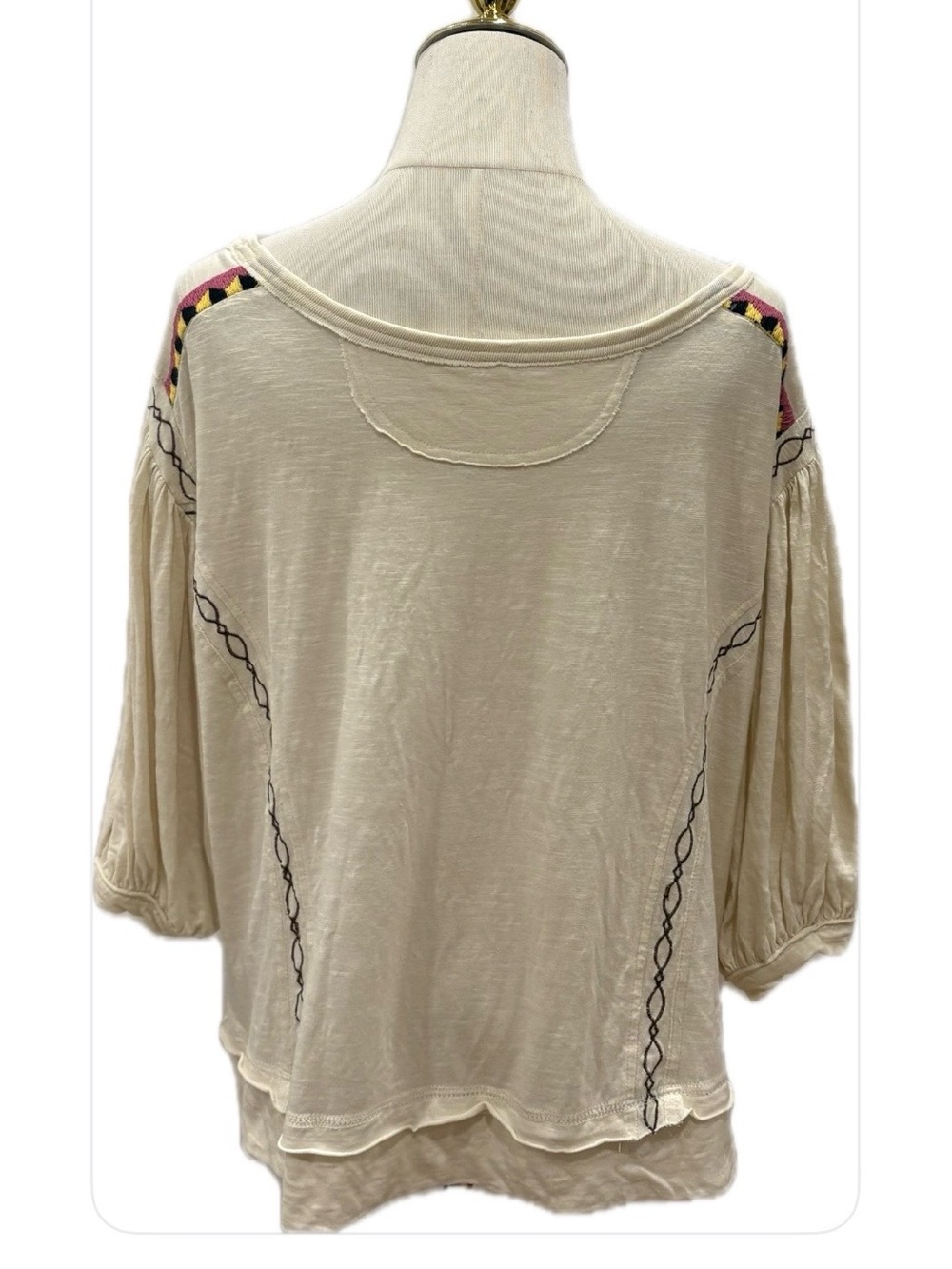 Free People Boho Cropped Cream with Multicolor Embroidered Boat Neck Blouse L - Picture 2 of 10